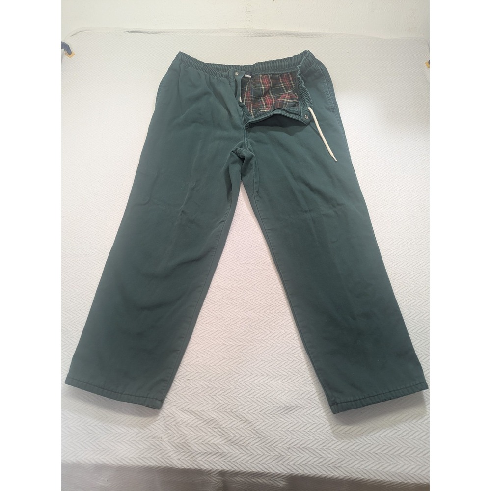 LL Bean Flannel Lined Pants Mens L Green Elastic‎ Waist Canvas Work Outdoor USA